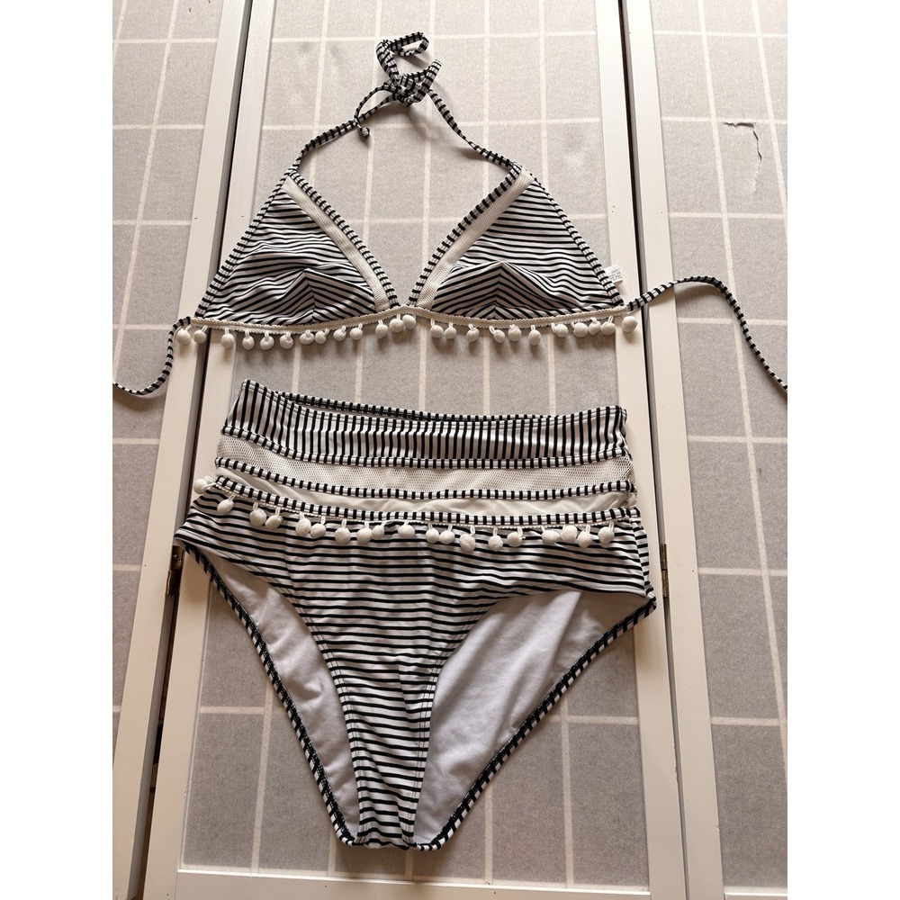 Halter Top High Waisted Bikini Tummy Control Plus Size 0XL Retro Boho Fringe‎
